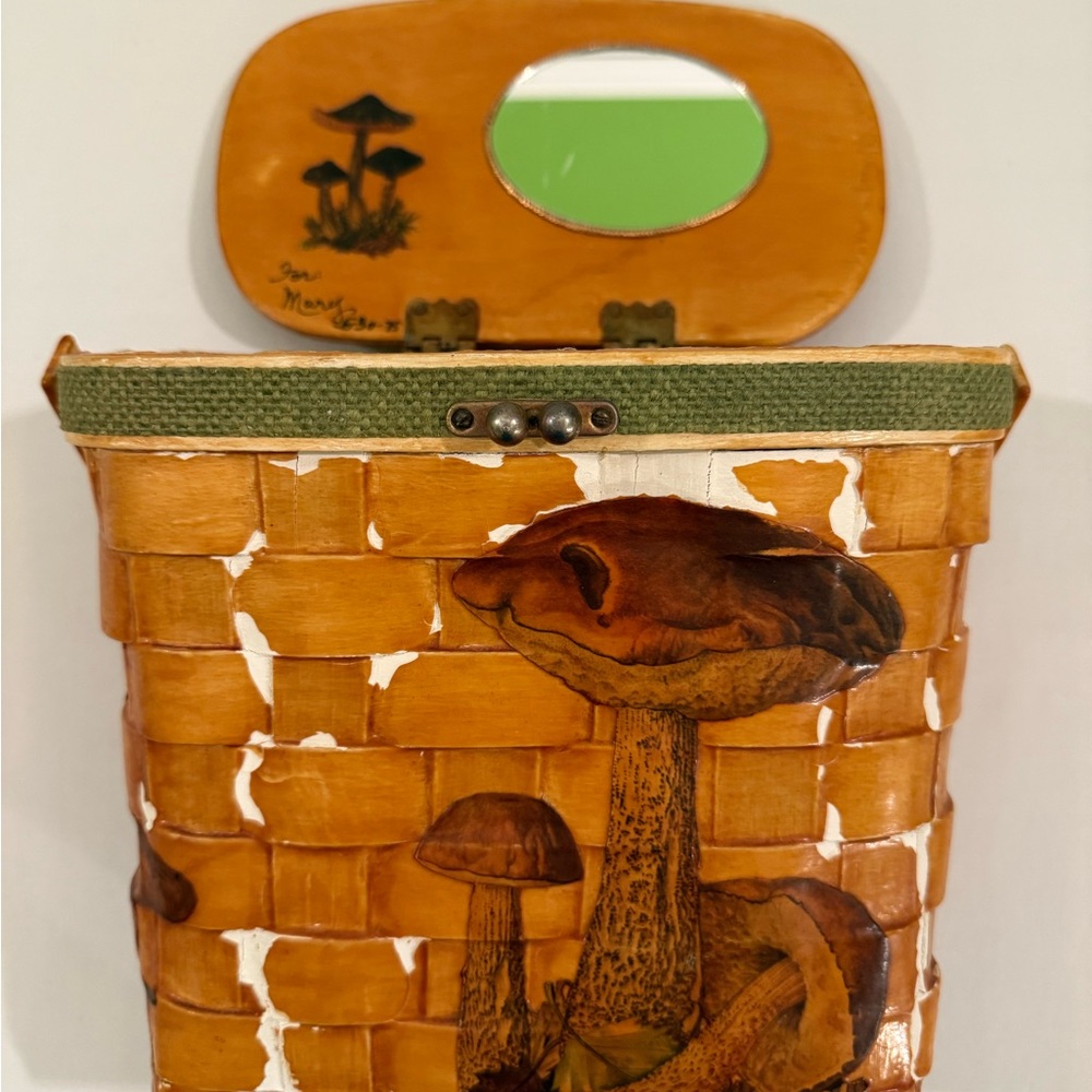 1975 Handmade Wood Basket Purse Mushroom Folk Art